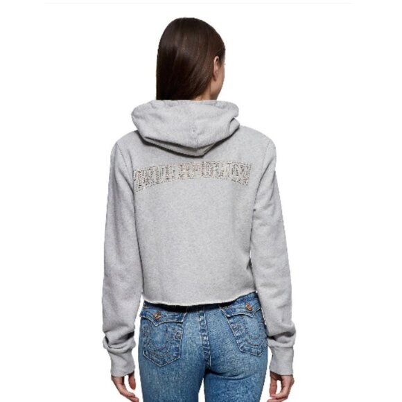 TRUE Religion Studded Bedazzled Gray Cropped Pintuck Pullover Hoodie Size Small - Picture 1 of 13